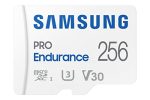 כרטיס זיכרון MicroSD מסדרת SAMSUNG PRO Endurance בנפח 256GB עם מתאם SD. מתאים למצלמות דרך ואבטחה