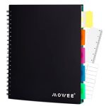 מחברת ספירלה של MOWEE - מחברת 5 נושאים, מחברת מכללה עם כיס חוצצים, תווית כרטיסיות, סרגל 28.5 ס"מ, 200 עמודים, לכתיבת יומן, לבית ולמשרד, ציוד לבית ספר, 20.5x28.5 ס"מ שחור